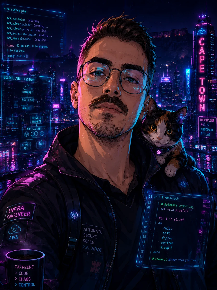 Stylised portrait of Luke McNamara in a cyberpunk Cape Town infrastructure setting